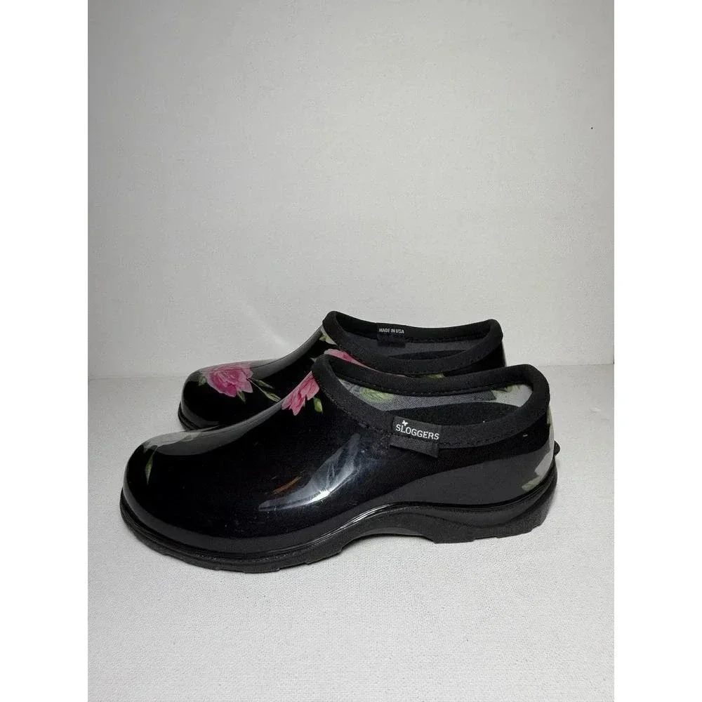 Sloggers Rain and Garden Black Clogs W Bright Pink and White Florals Sz 7 NWOT